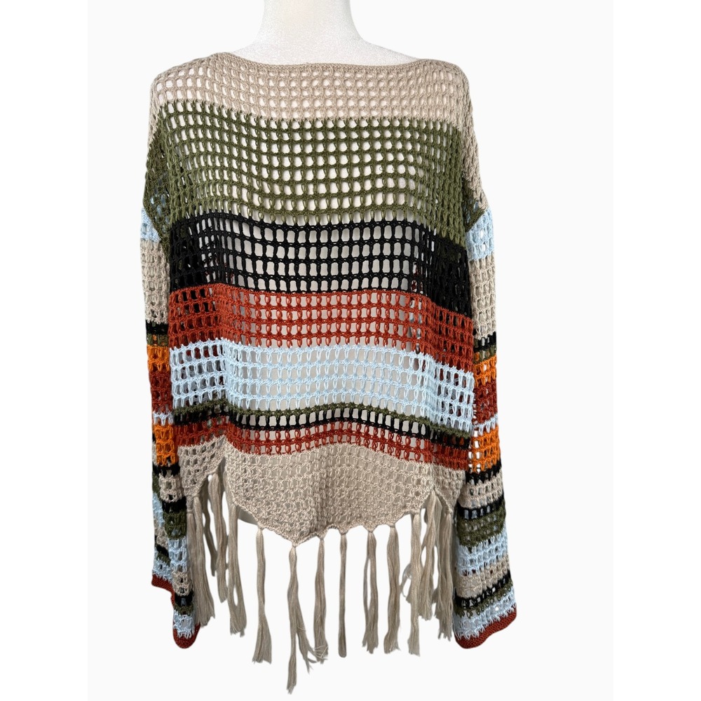 VIVID New York L Multicolor Crochet Open Knit Fringe Poncho Sweater 23653